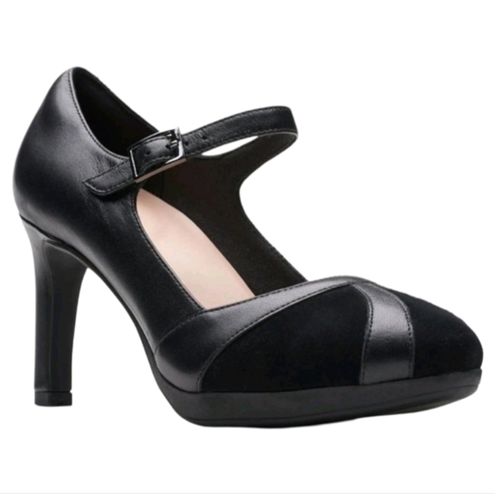 Clarks Women's Ambyr Black Leather Suede MaryJane Pump Heels Black Combi 10 New